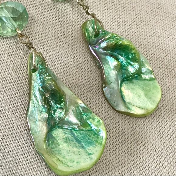 Mother Of Pearl Shell AB Crystal Glass Faceted Bead Gold Tone Drop Earring Green - Picture 13 of 15